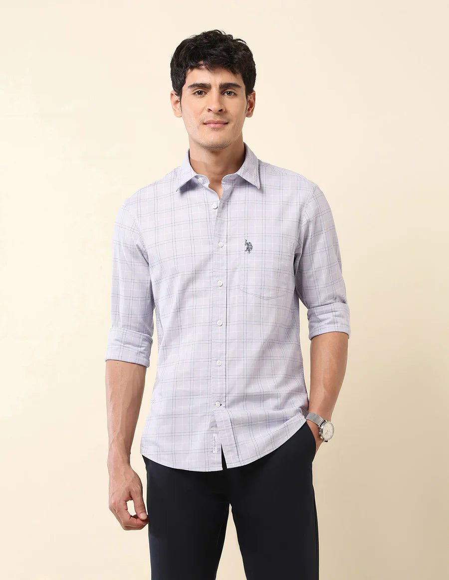 Image of Tailored Fit Light Grey Checked Cotton Men's Shirt - South India Shopping Mall