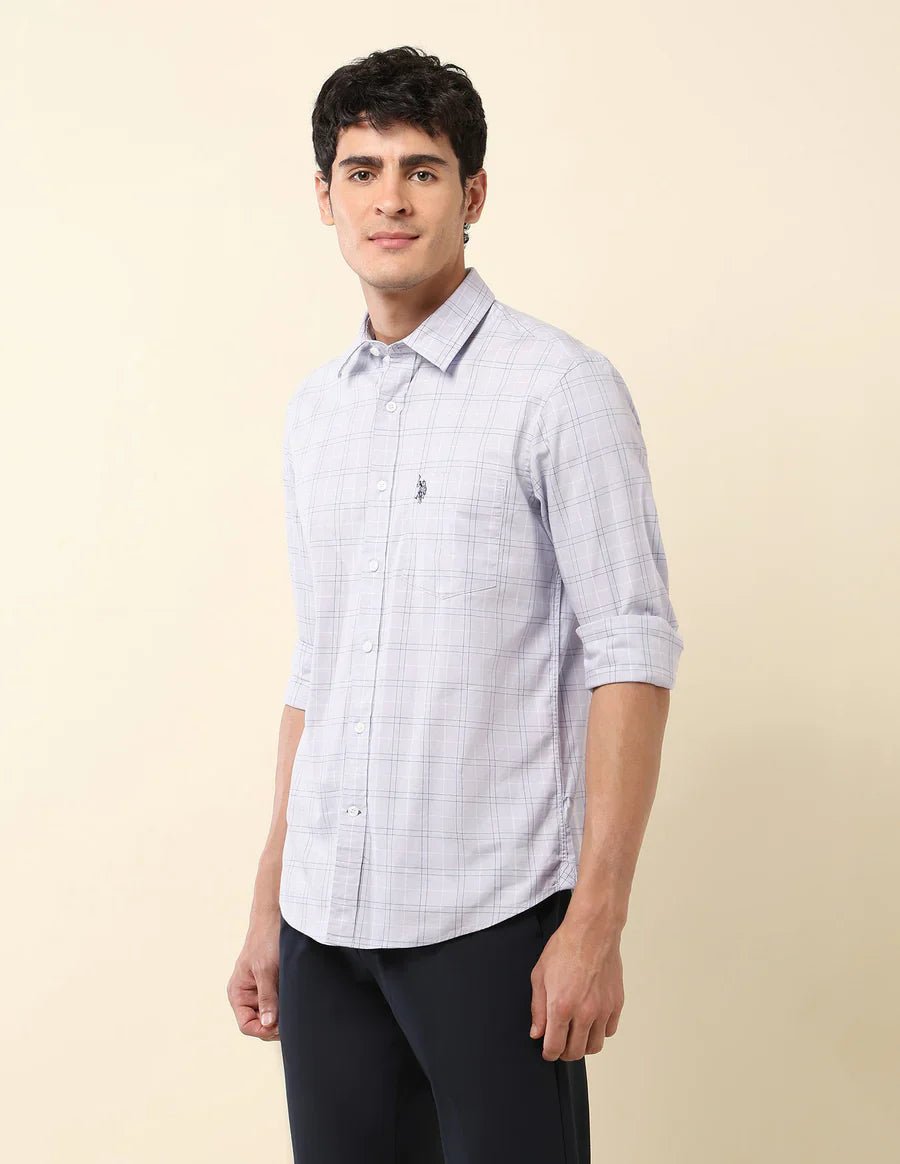 Image of Tailored Fit Light Grey Checked Cotton Men's Shirt - South India Shopping Mall