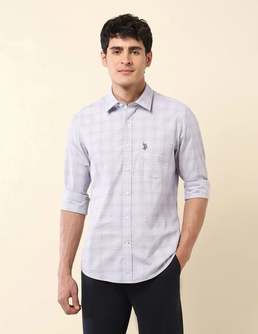 Image of Tailored Fit Light Grey Checked Cotton Men's Shirt - South India Shopping Mall
