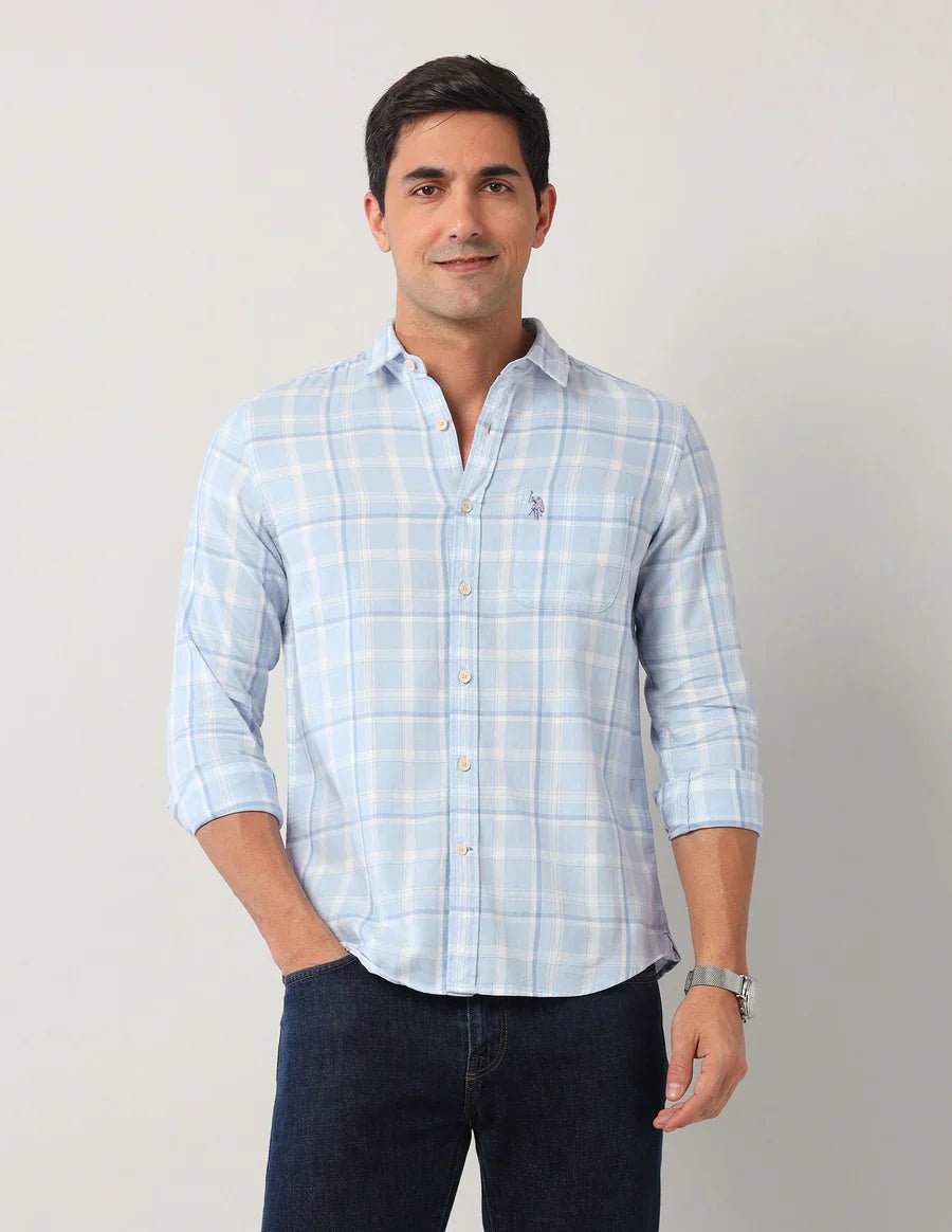 Tartan Checks Light Blue Denim Co Cotton Blend Shirt - South India Shopping Mall