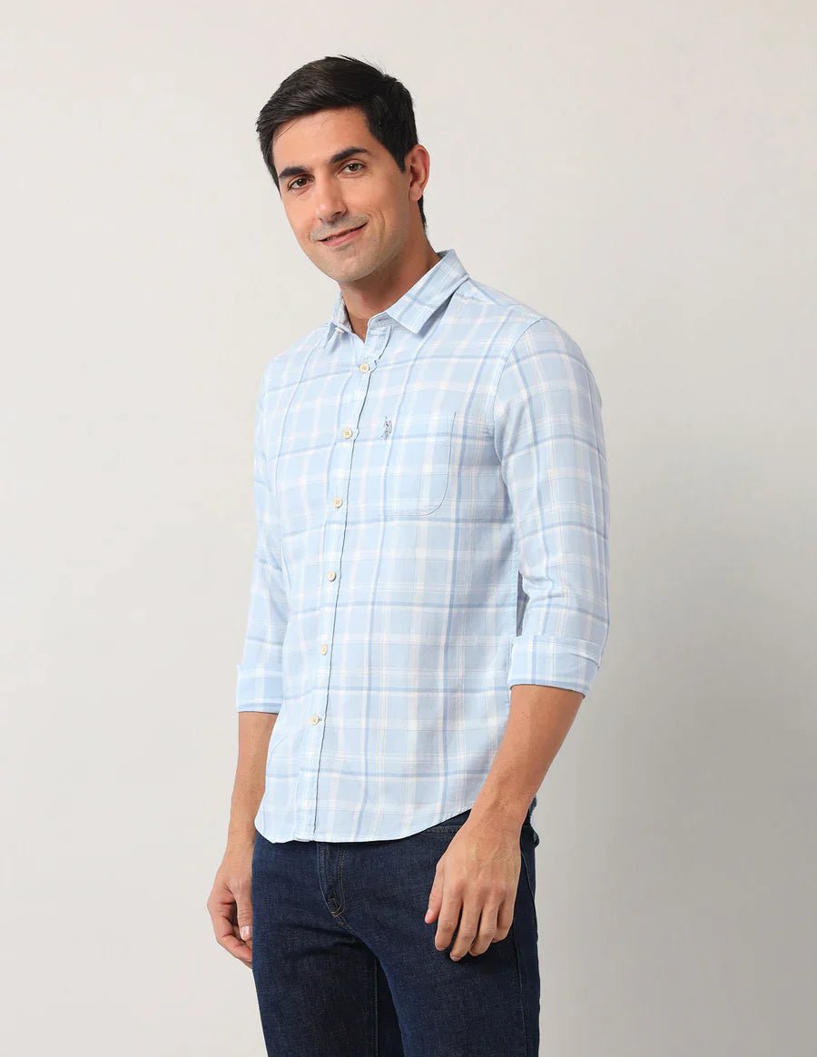 Image of Tartan Checks Light Blue Denim Co Cotton Blend Shirt - South India Shopping Mall