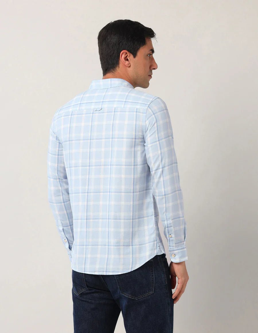 Image of Tartan Checks Light Blue Denim Co Cotton Blend Shirt - South India Shopping Mall