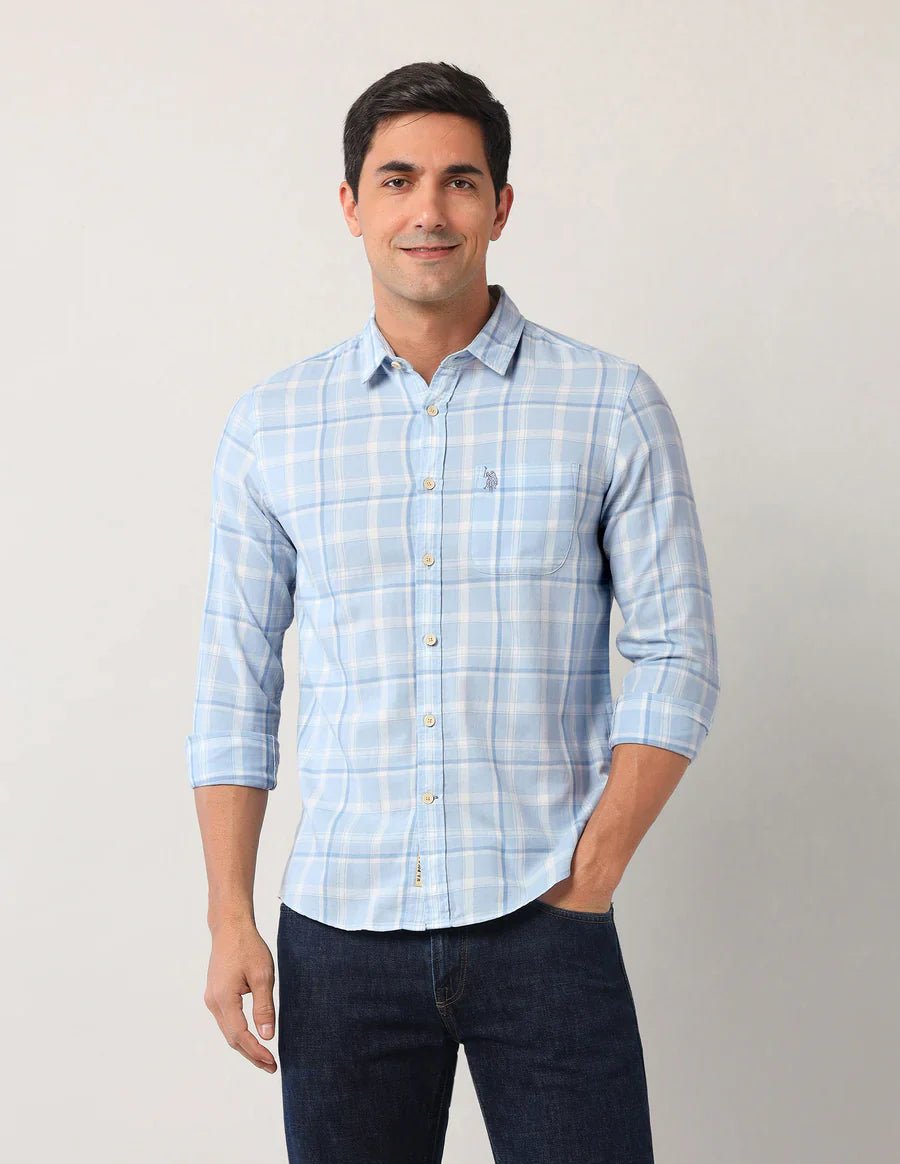 Image of Tartan Checks Light Blue Denim Co Cotton Blend Shirt - South India Shopping Mall