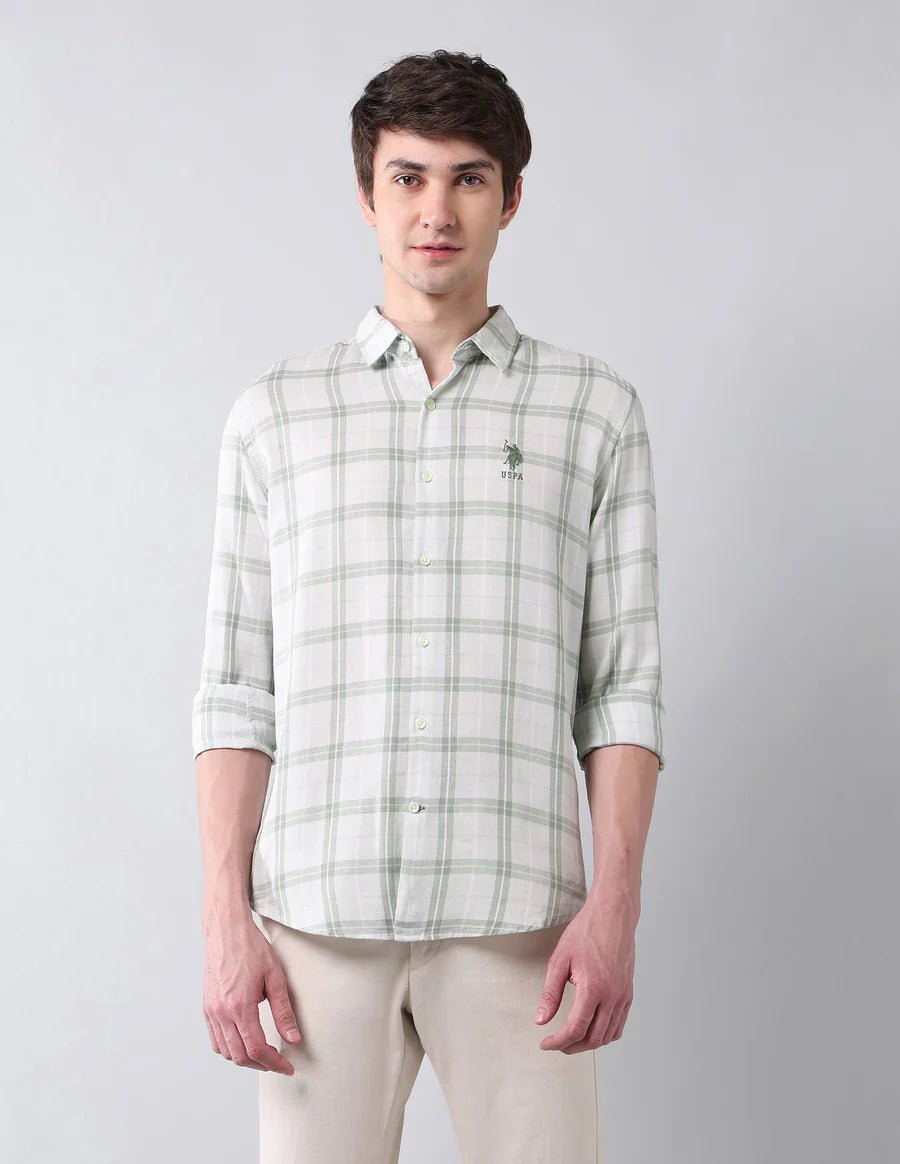 Image of Tartan Checks Light Green Linen Cotton Blend Shirt - South India Shopping Mall