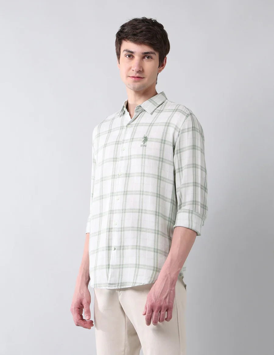 Image of Tartan Checks Light Green Linen Cotton Blend Shirt - South India Shopping Mall
