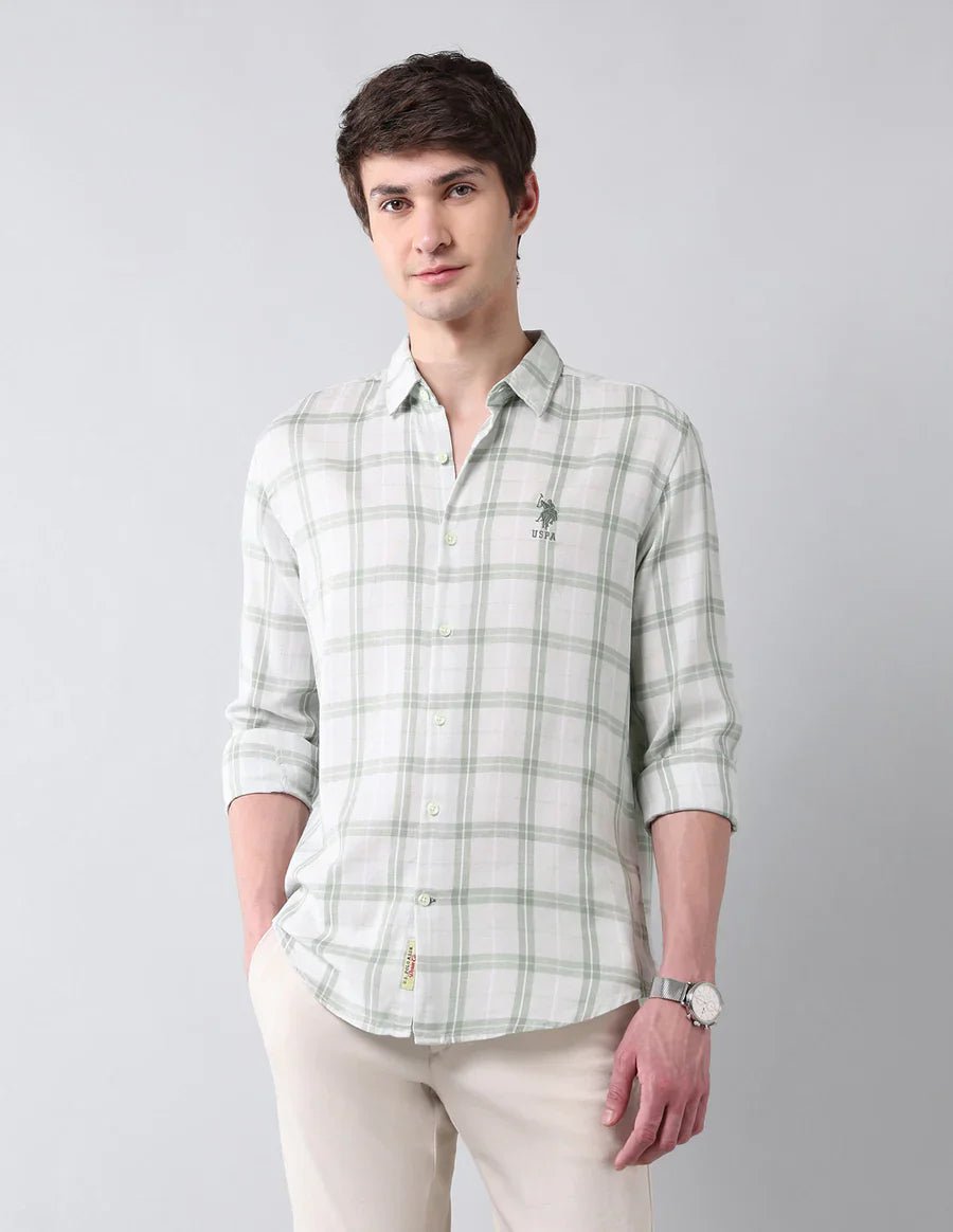Tartan Checks Light Green Linen Cotton Blend Shirt - South India Shopping Mall