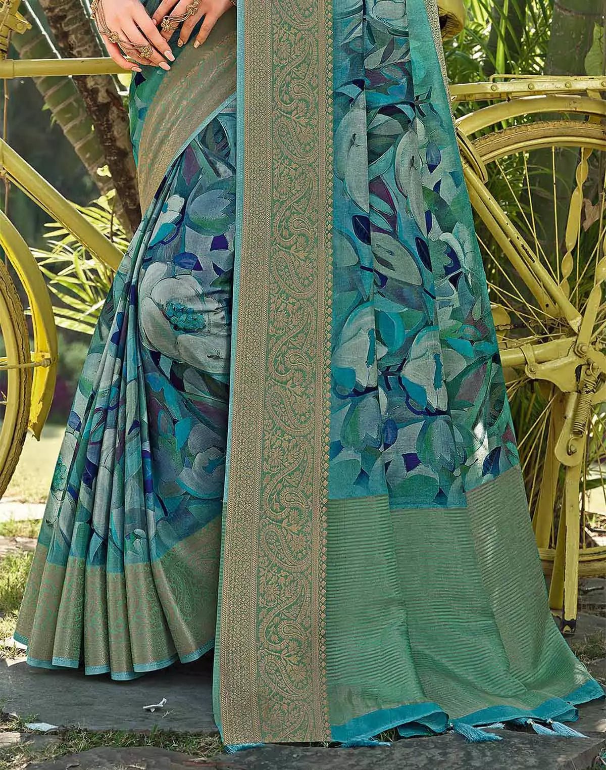 Image of Teal Blue all over Floral Print Dola Silk Saree - South India Shopping Mall