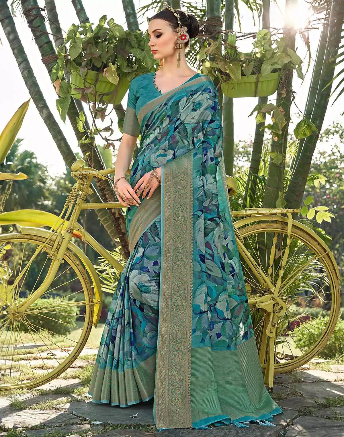 Image of Teal Blue all over Floral Print Dola Silk Saree - South India Shopping Mall