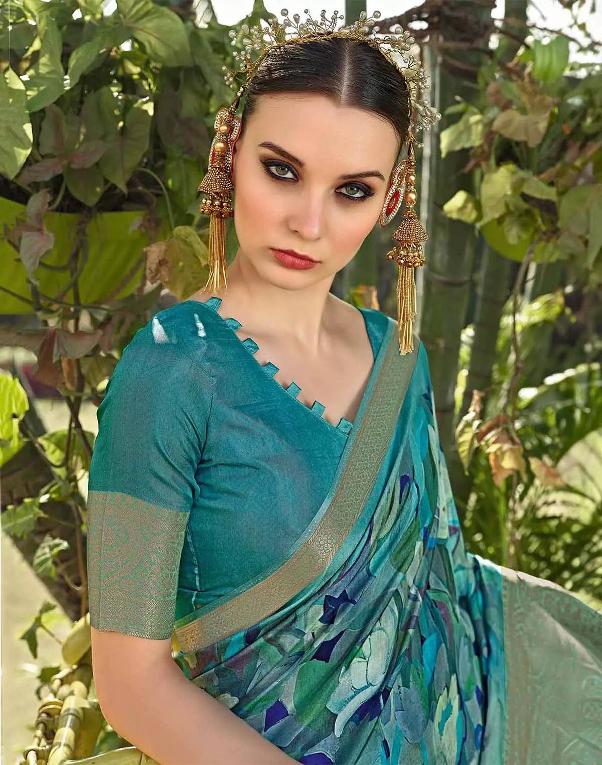 Image of Teal Blue all over Floral Print Dola Silk Saree - South India Shopping Mall