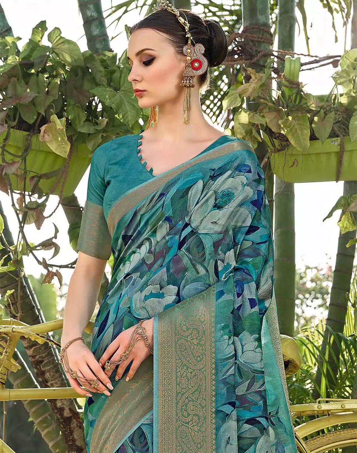 Image of Teal Blue all over Floral Print Dola Silk Saree - South India Shopping Mall
