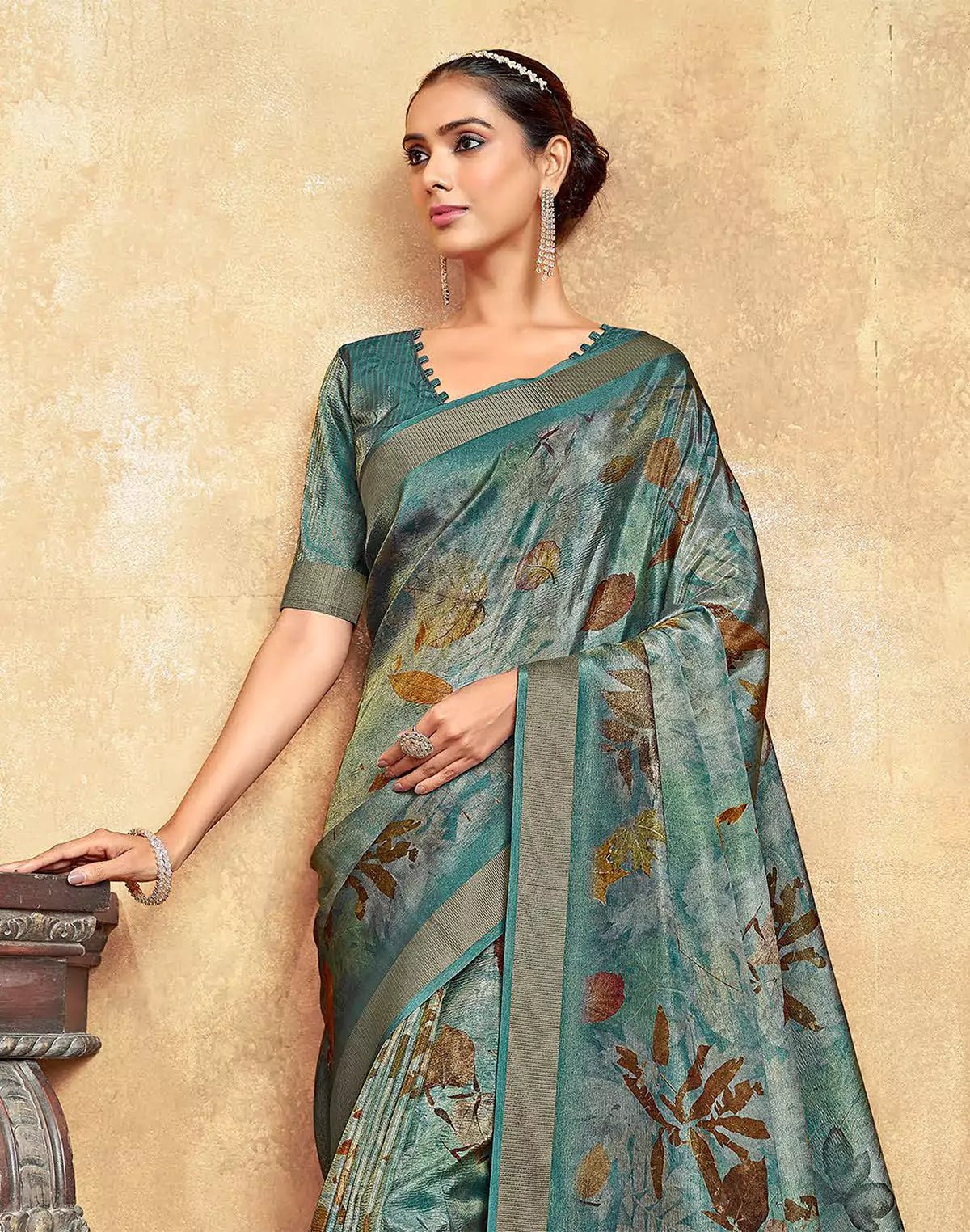 Image of Teal Blue Botanical Print Dola Silk Saree - South India Shopping Mall