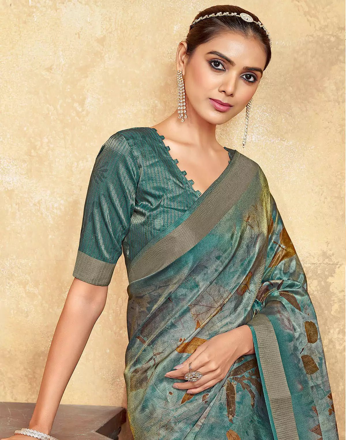 Image of Teal Blue Botanical Print Dola Silk Saree - South India Shopping Mall