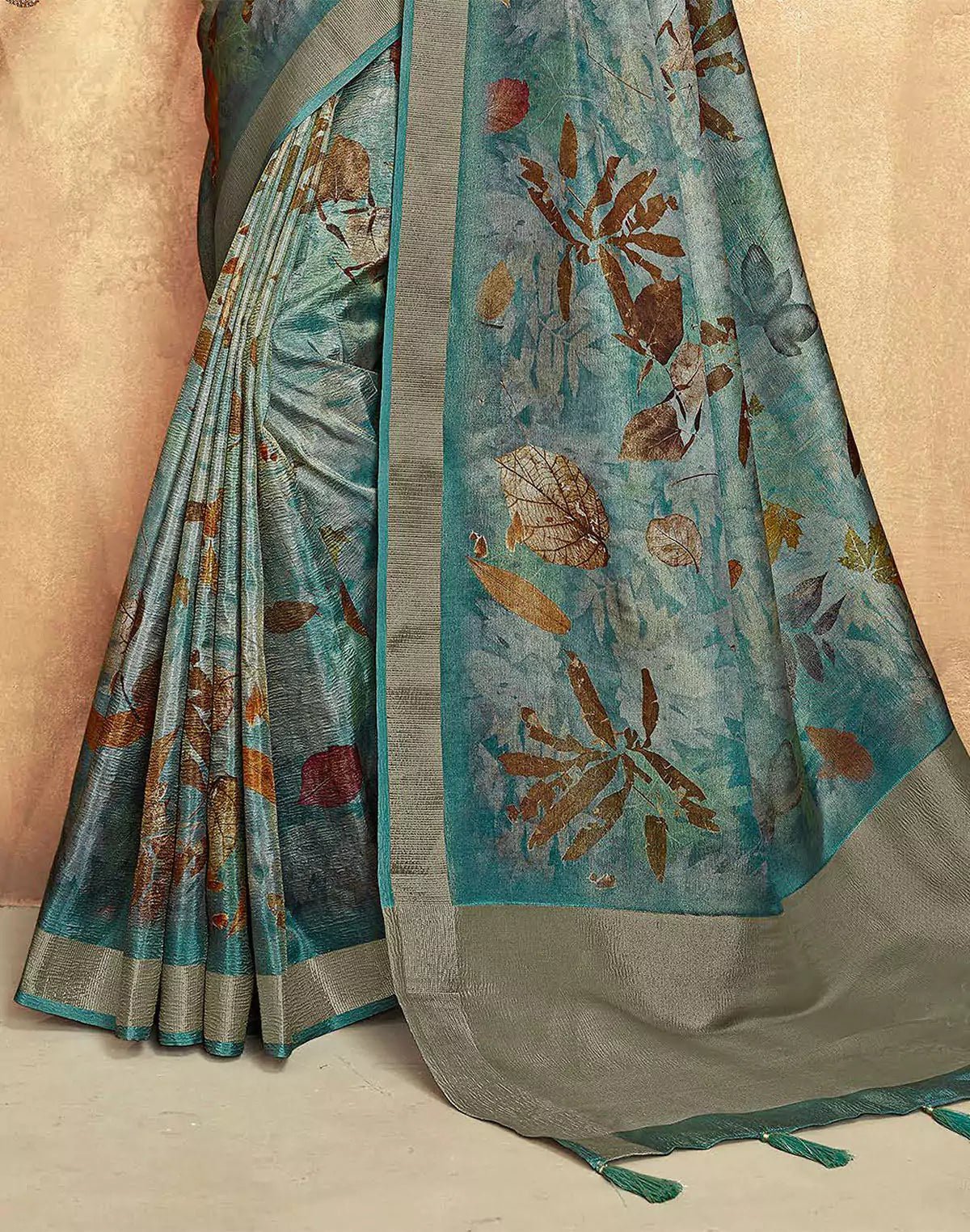 Image of Teal Blue Botanical Print Dola Silk Saree - South India Shopping Mall