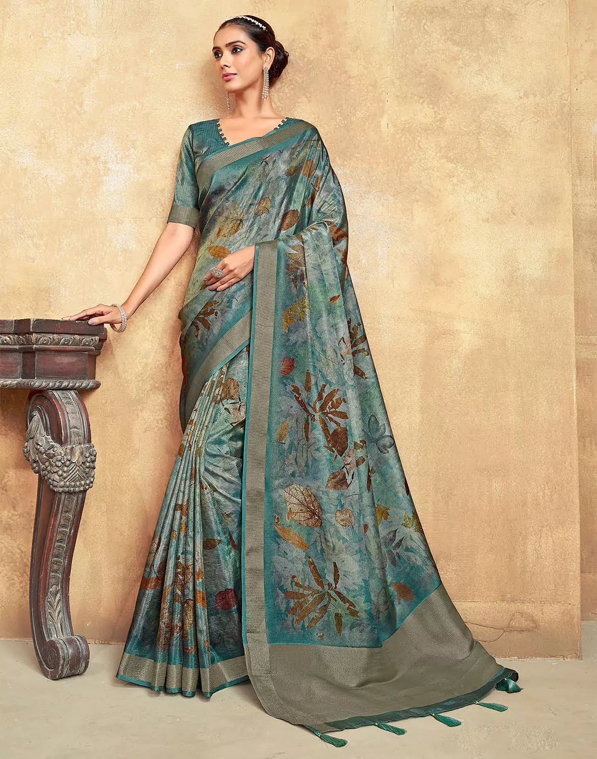 Image of Teal Blue Botanical Print Dola Silk Saree - South India Shopping Mall