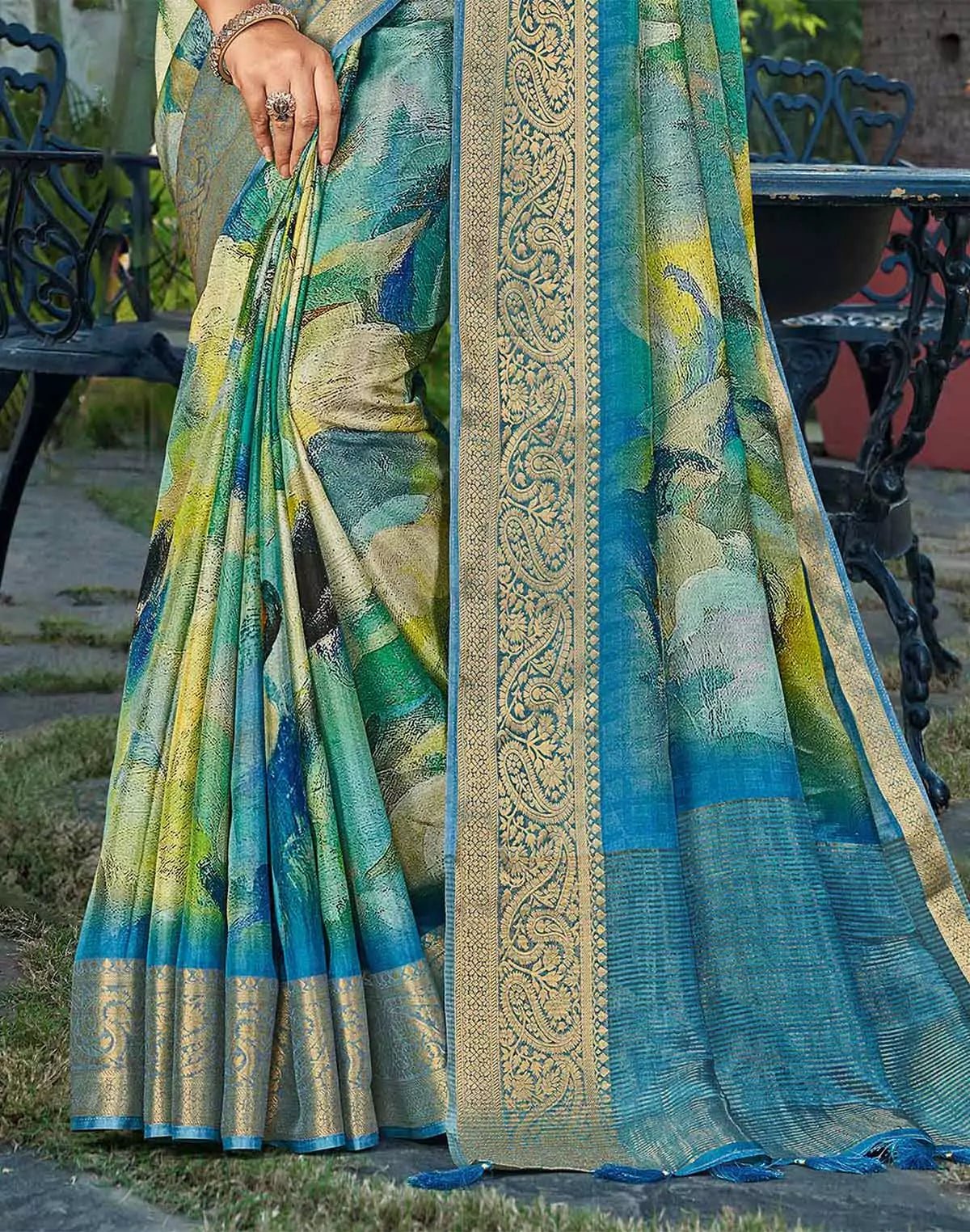 Image of Teal Blue Graphic Print Party Wear Dola Silk Saree - South India Shopping Mall