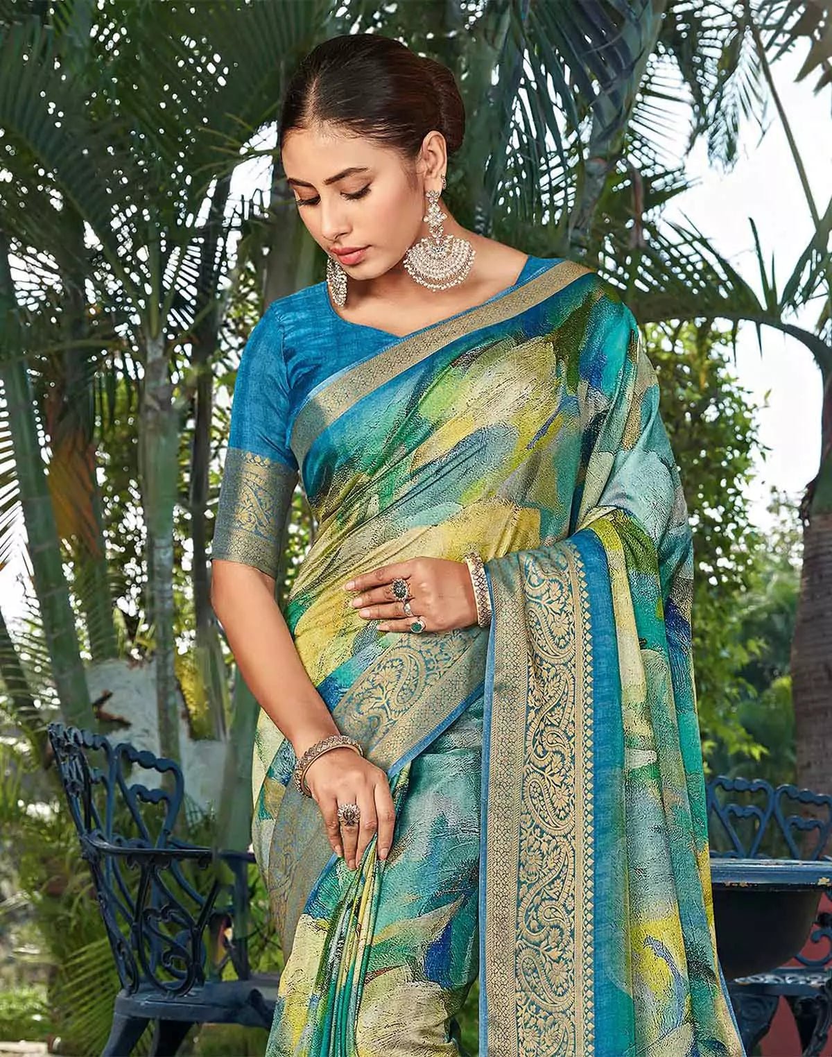 Image of Teal Blue Graphic Print Party Wear Dola Silk Saree - South India Shopping Mall