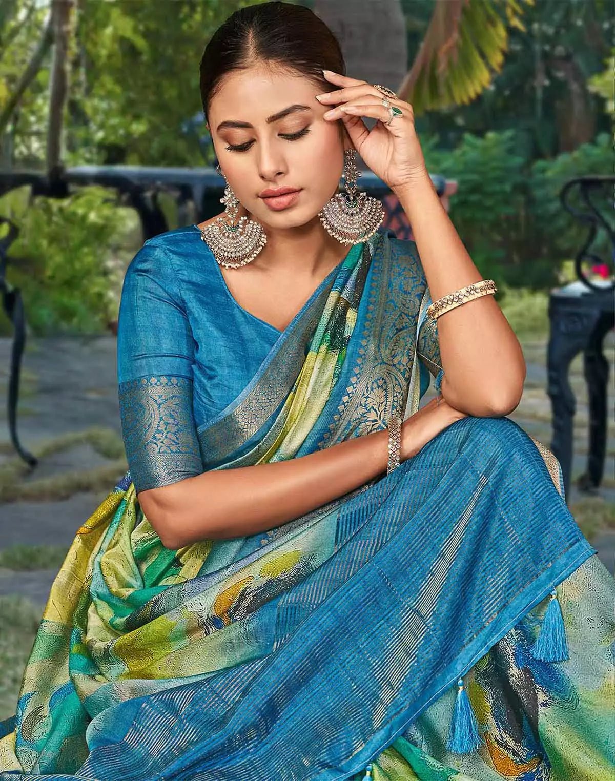 Image of Teal Blue Graphic Print Party Wear Dola Silk Saree - South India Shopping Mall