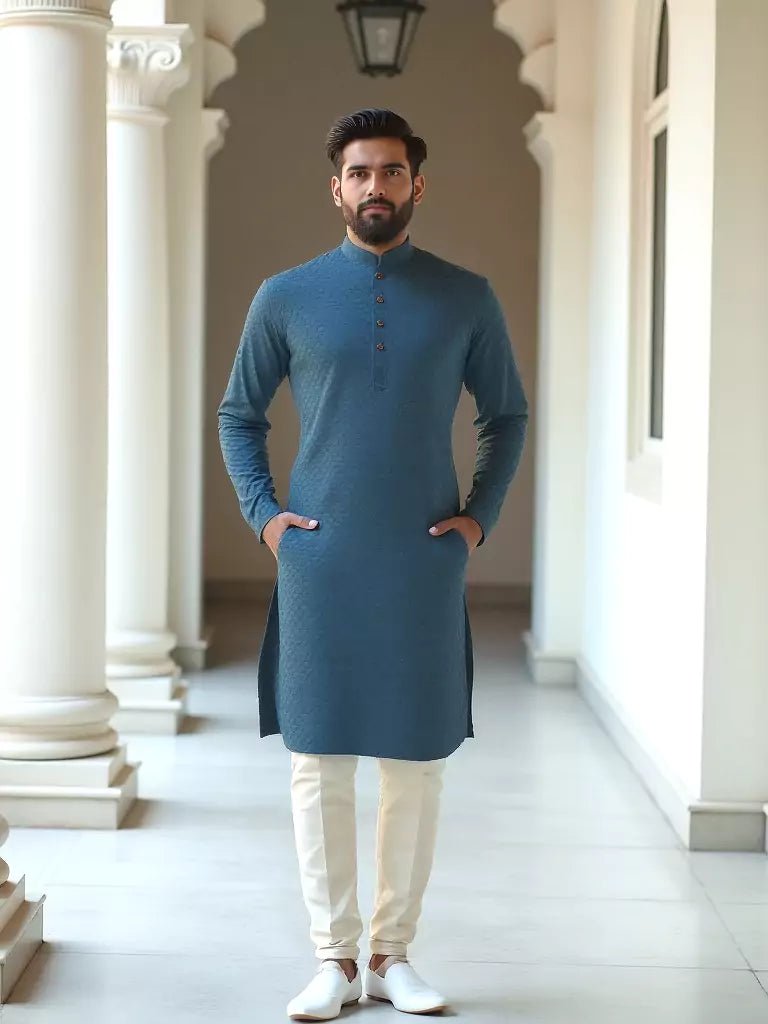 Image of Terrific Rama Self Design Cotton Kurta with Pajama - South India Shopping Mall