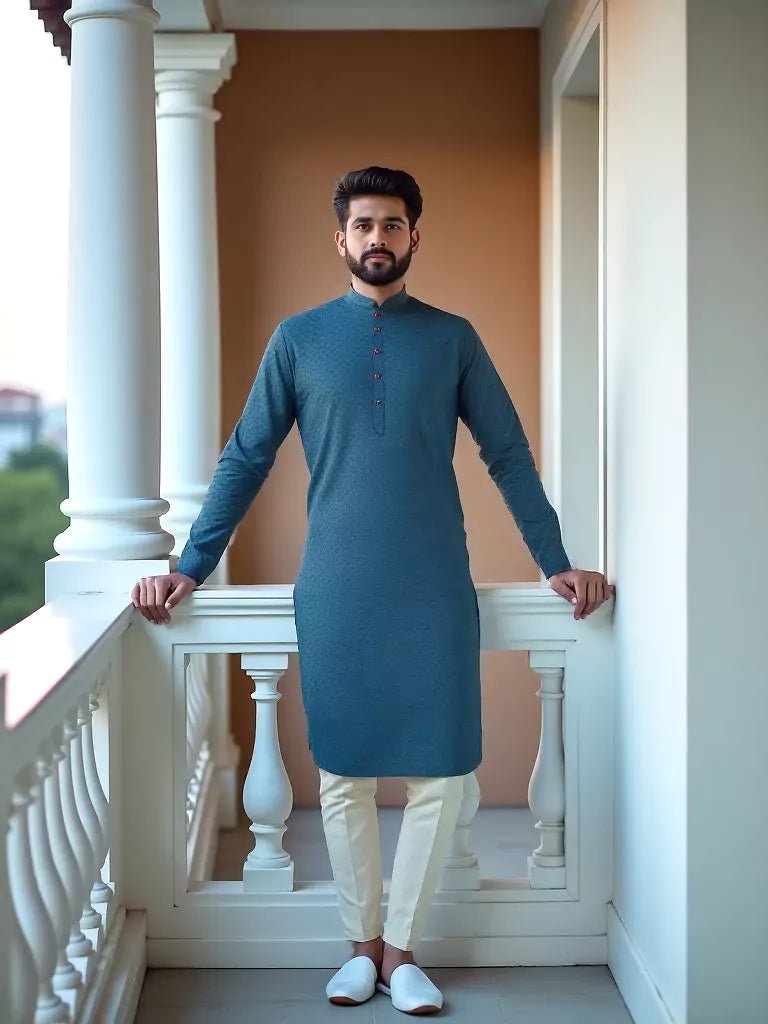 Image of Terrific Rama Self Design Cotton Kurta with Pajama - South India Shopping Mall