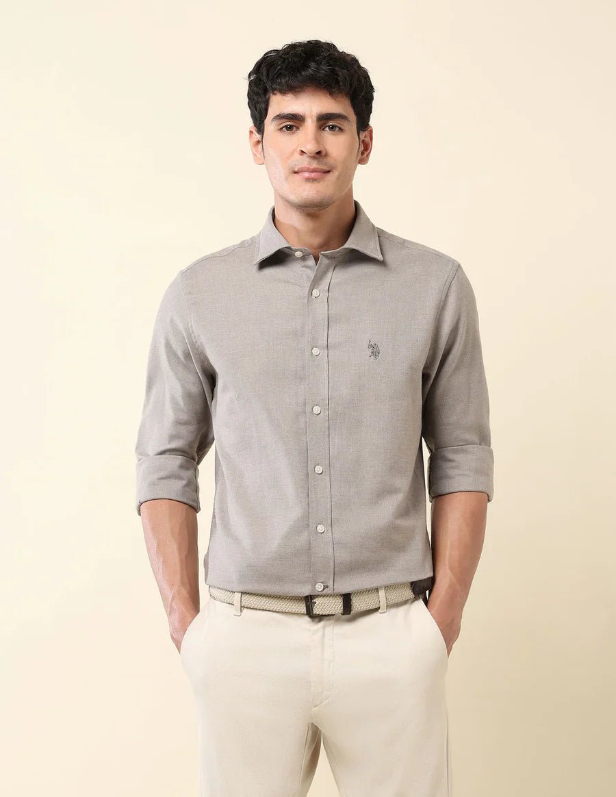 Textured Grey Lenin Cotton Tailored Fit Men's Shirt - South India Shopping Mall