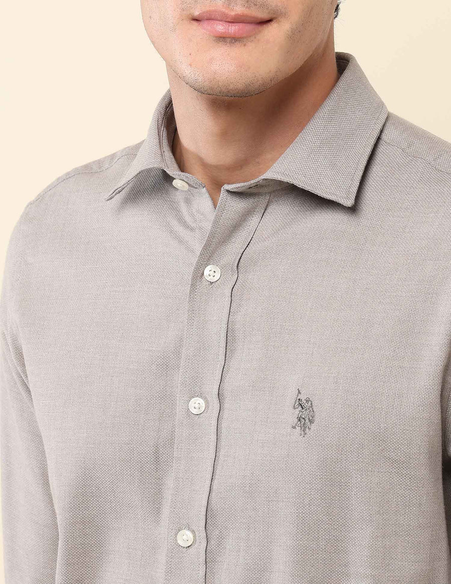 Textured Grey Lenin Cotton Tailored Fit Men's Shirt - South India Shopping Mall