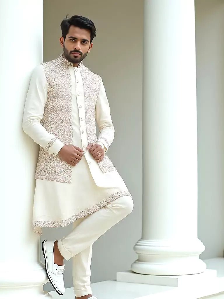 Image of Thread Embroidered Satin Kurta Jacket Set in Cream - South India Shopping Mall