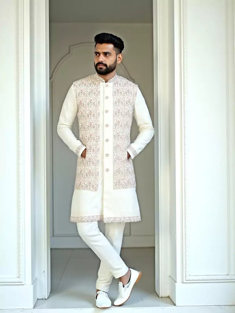 Image of Thread Embroidered Satin Kurta Jacket Set in Cream - South India Shopping Mall