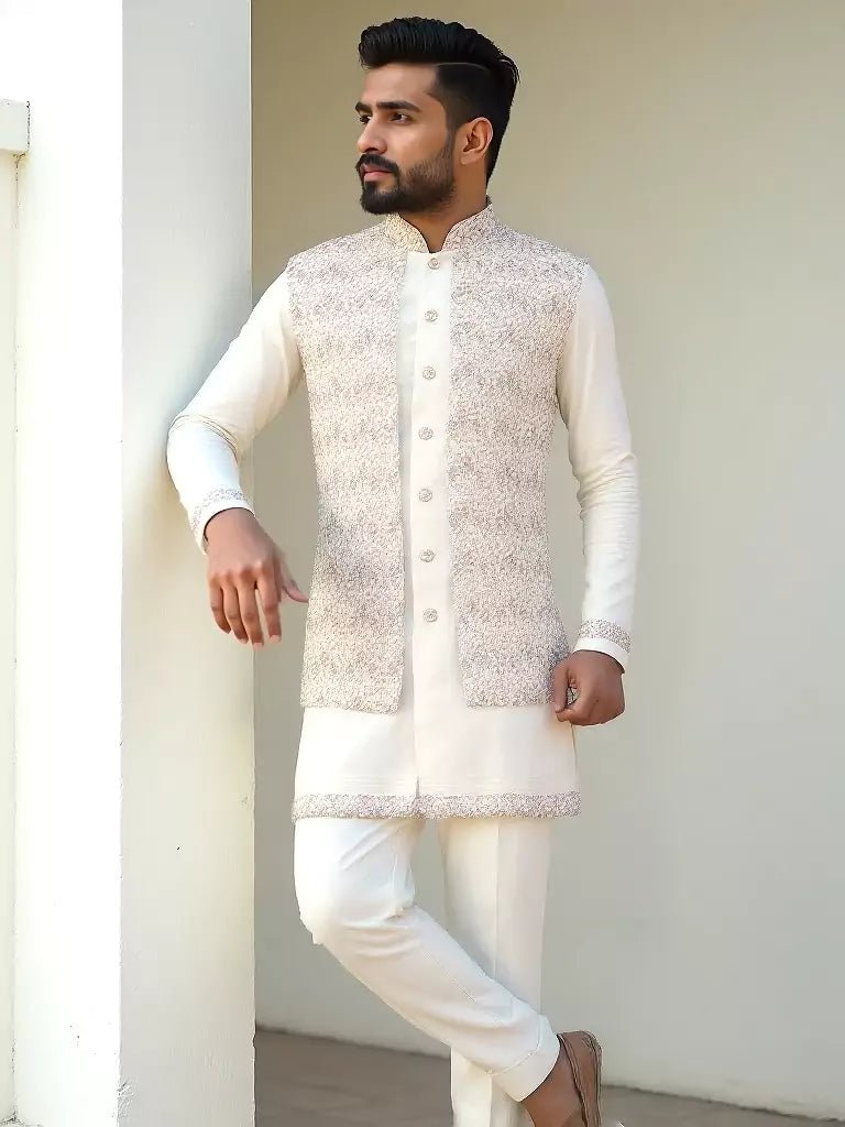 Image of Thread Embroidered Satin Kurta Jacket Set in Cream - South India Shopping Mall