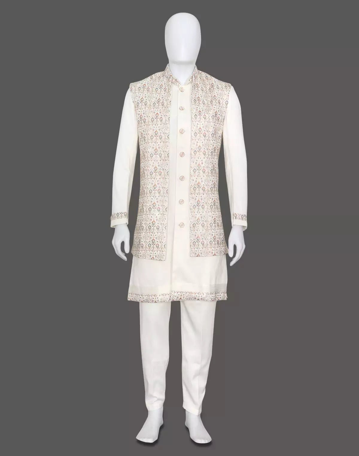 Image of Thread Embroidered Satin Kurta Jacket Set in Cream - South India Shopping Mall