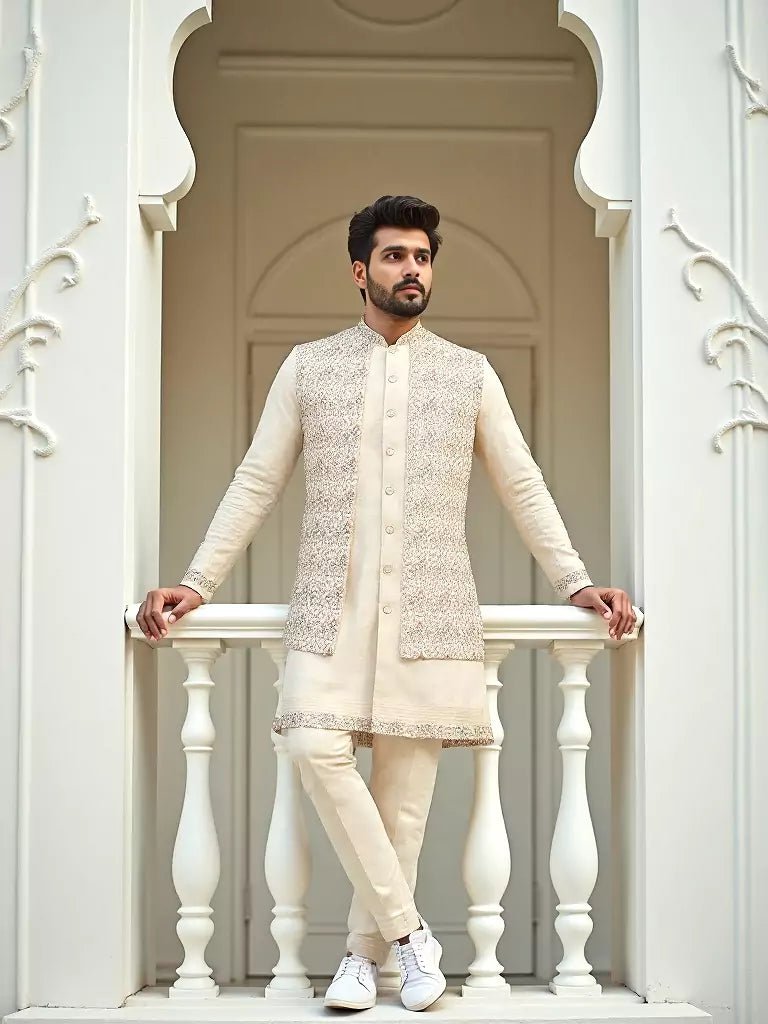Image of Thread Embroidered Satin Kurta Jacket Set in Fawn Coloured - South India Shopping Mall