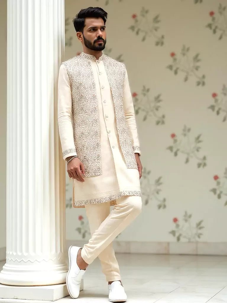 Image of Thread Embroidered Satin Kurta Jacket Set in Fawn Coloured - South India Shopping Mall
