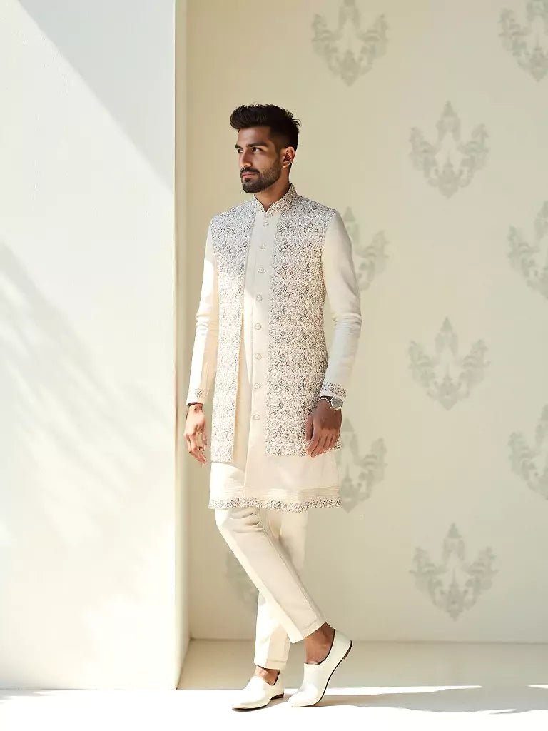 Image of Thread Embroidered Satin Kurta Jacket Set in Fawn Coloured - South India Shopping Mall