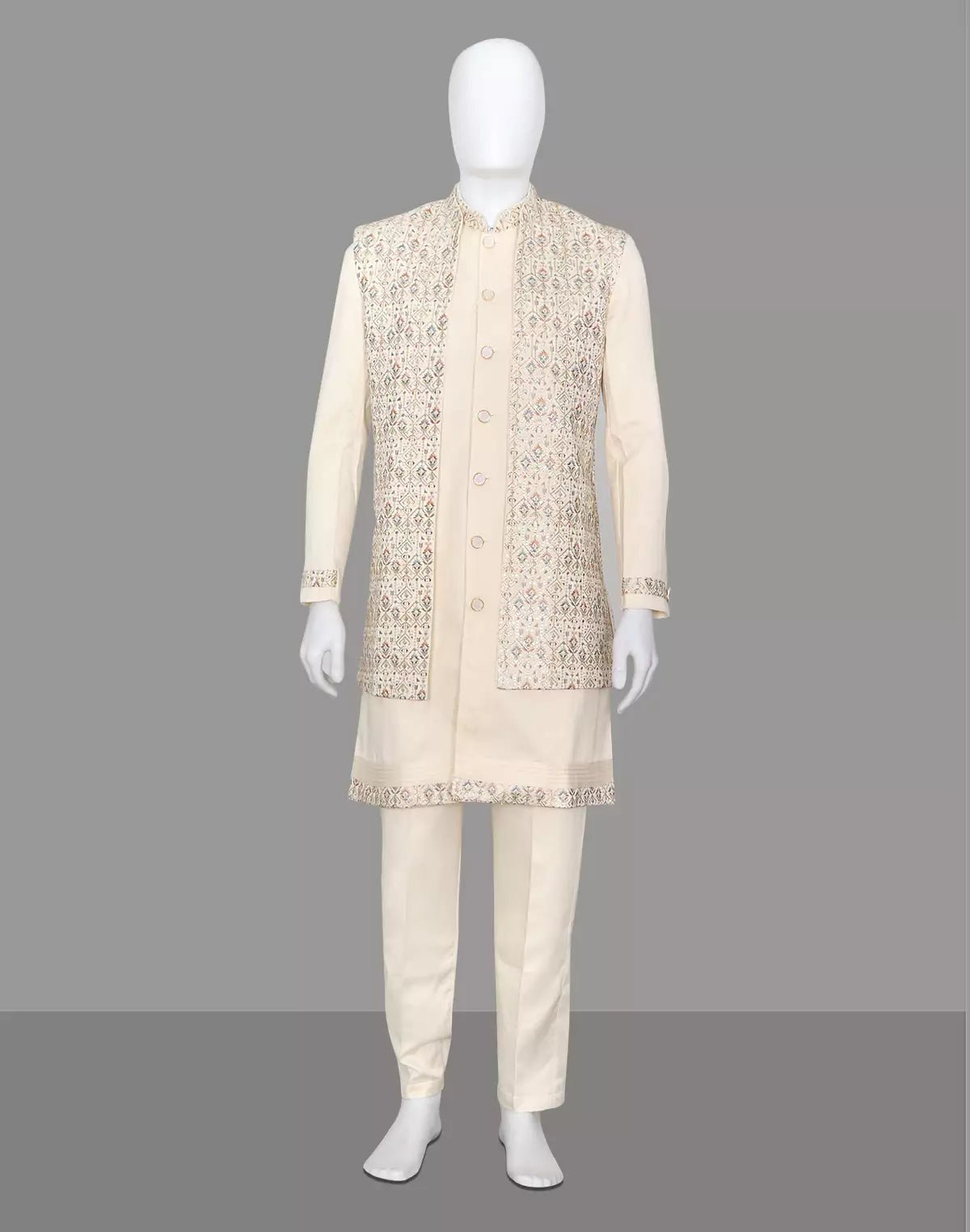 Image of Thread Embroidered Satin Kurta Jacket Set in Fawn Coloured - South India Shopping Mall