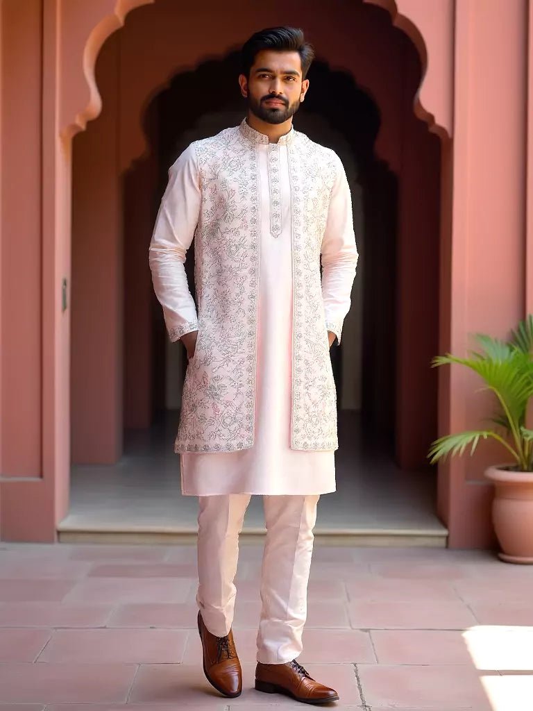 Image of Thread Embroidery Design Floral Raw Silk Kurta Jacket Set in Light Pink - South India Shopping Mall