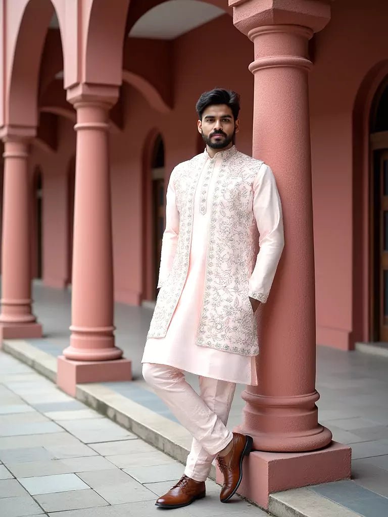 Image of Thread Embroidery Design Floral Raw Silk Kurta Jacket Set in Light Pink - South India Shopping Mall