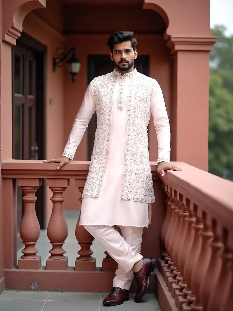 Image of Thread Embroidery Design Floral Raw Silk Kurta Jacket Set in Light Pink - South India Shopping Mall