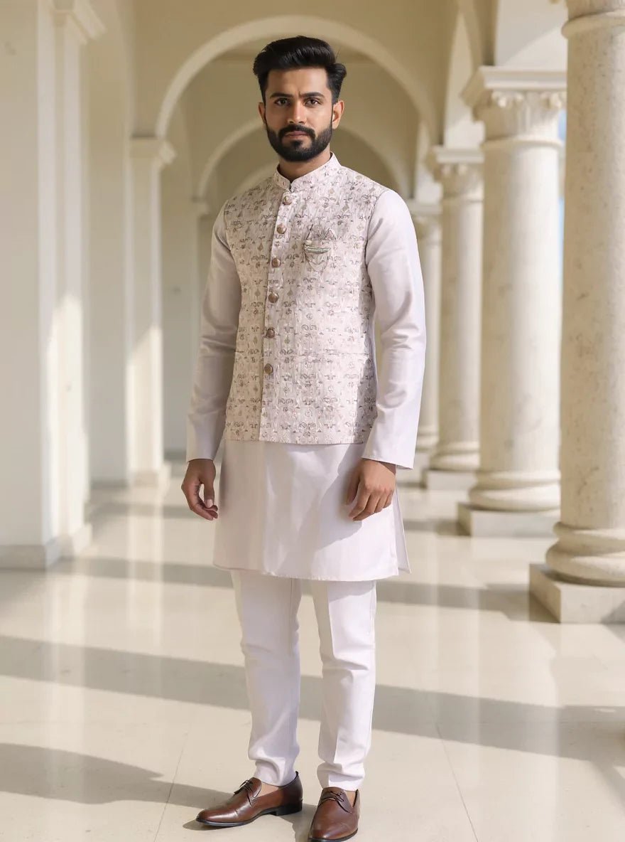 Image of Thread Embroidery Floral Grey Cotton Silk Kurta Jacket Set - South India Shopping Mall