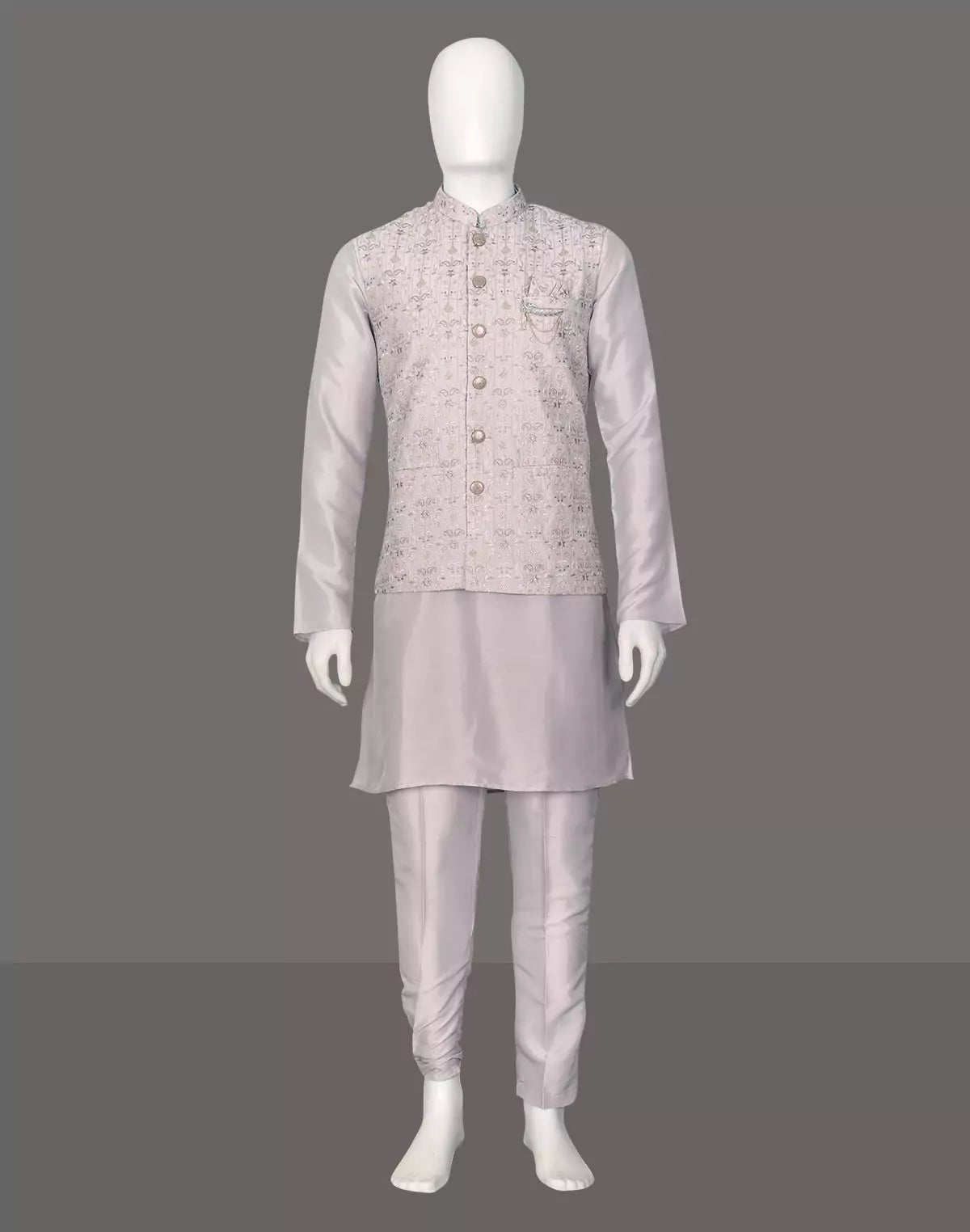 Image of Thread Embroidery Floral Grey Cotton Silk Kurta Jacket Set - South India Shopping Mall
