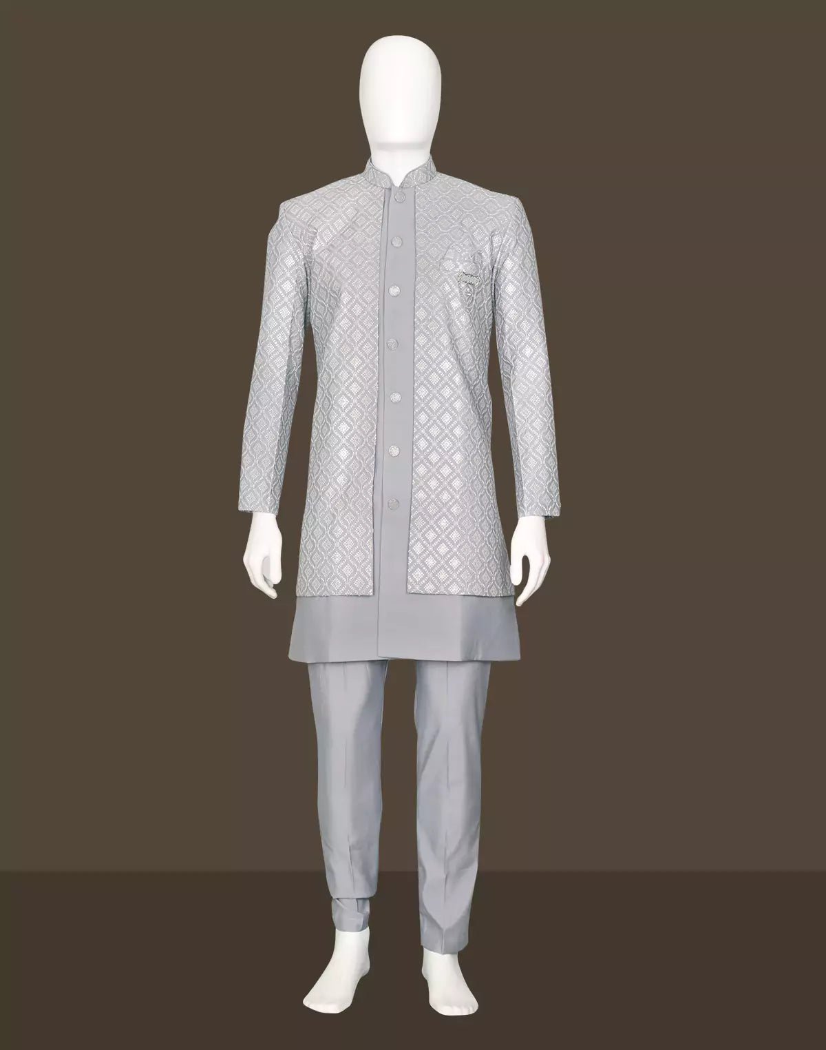 Image of Thread work Floral Cotton Silk Kurta Jacket Set in Grey - South India Shopping Mall