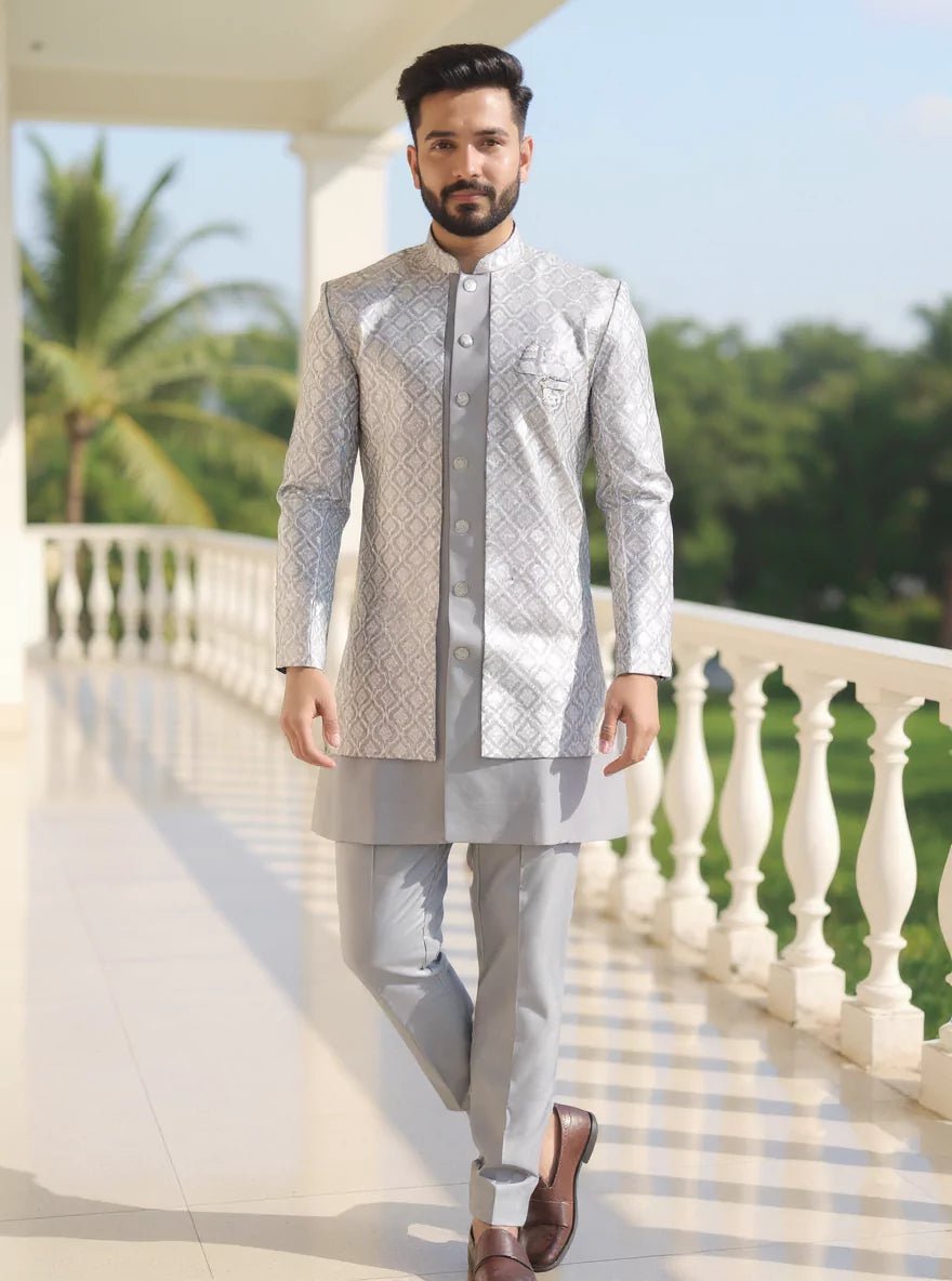 Image of Thread work Floral Cotton Silk Kurta Jacket Set in Grey - South India Shopping Mall
