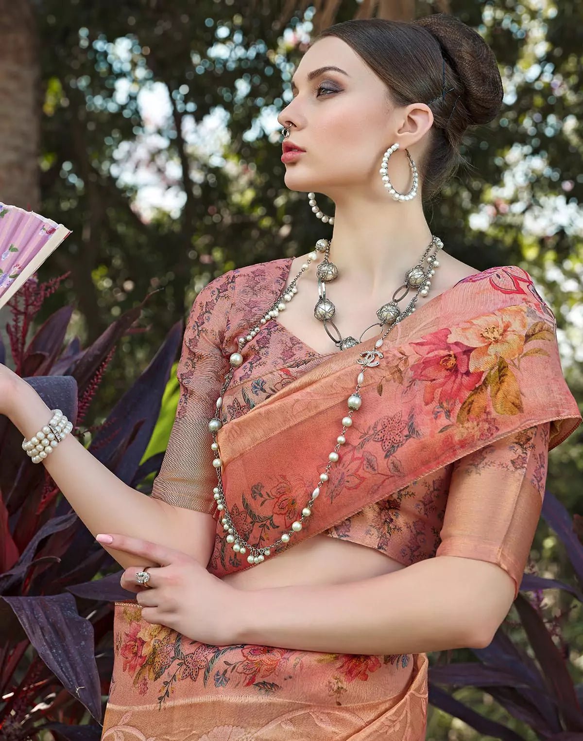 Image of Tissue Fabric Orange Saree with Floral Border - South India Shopping Mall