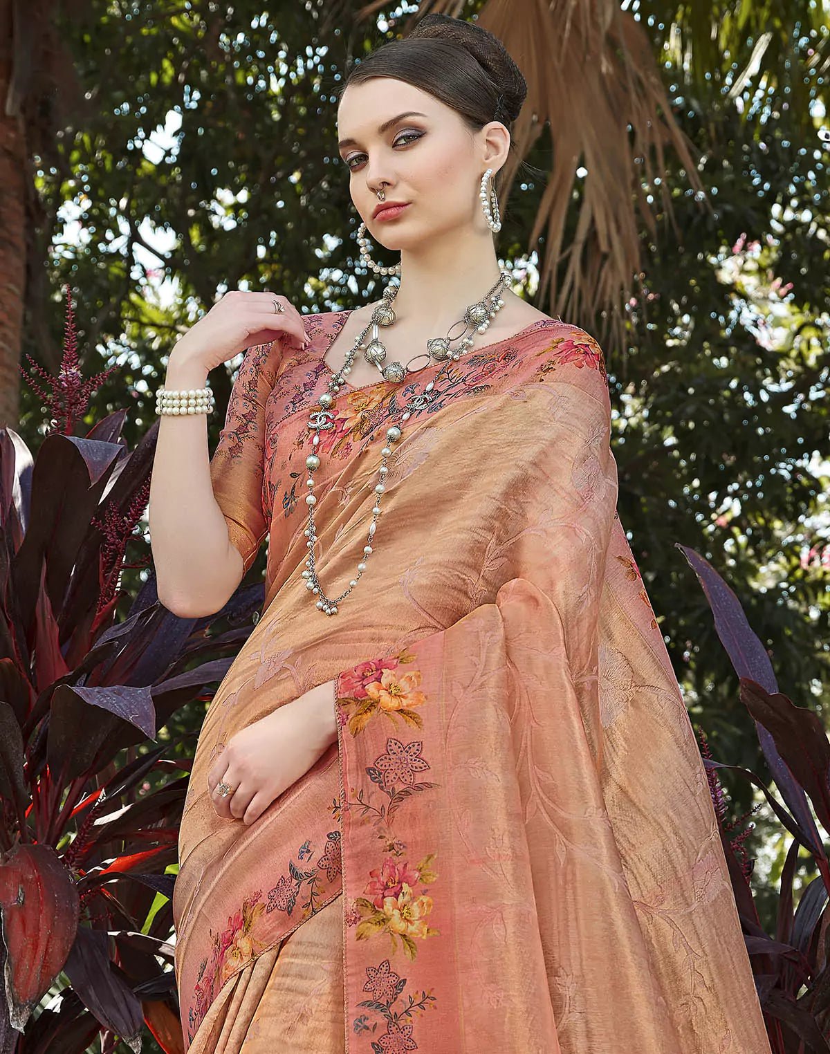 Image of Tissue Fabric Orange Saree with Floral Border - South India Shopping Mall