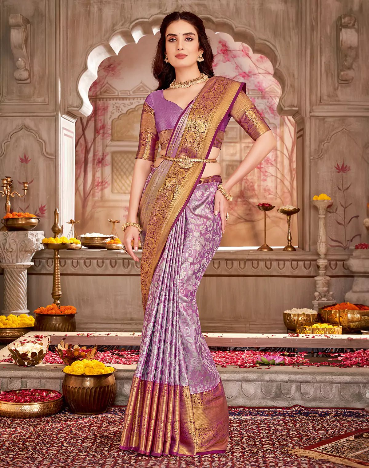 Image of Tissue Floral Design Double Shaded Magenta Semi Silk Contrast Border Saree - South India Shopping Mall