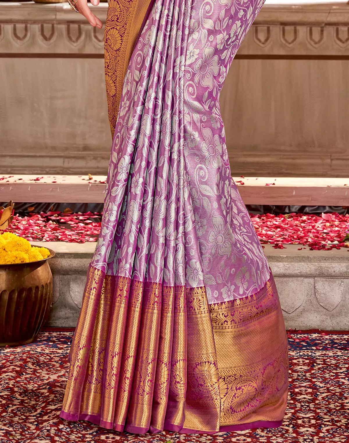 Image of Tissue Floral Design Double Shaded Magenta Semi Silk Contrast Border Saree - South India Shopping Mall