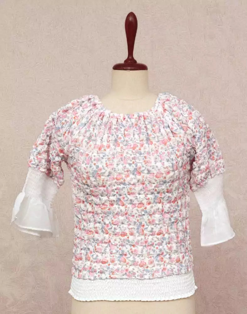 Image of White Floral Print Crash Fabric Top