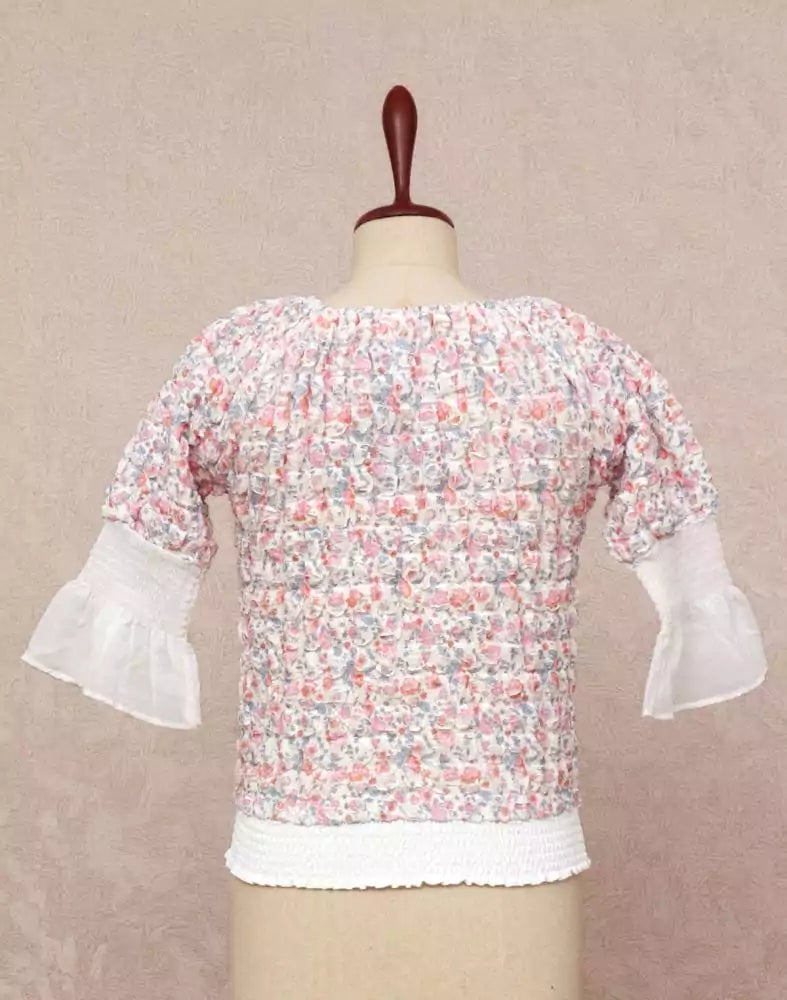 Image of White Floral Print Crash Fabric Top