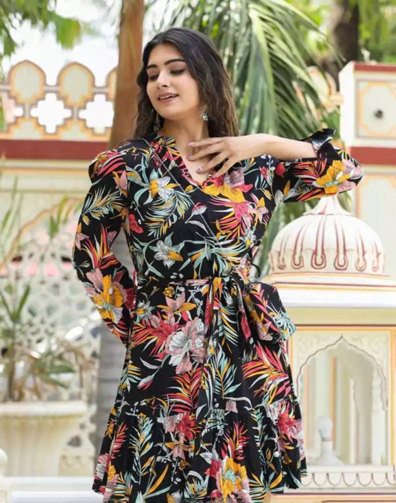 Image of Cotton Silk Floral Print Black Coloured Top