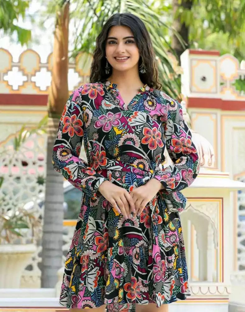 Image of Black Coloured Floral Print Cotton Silk Top