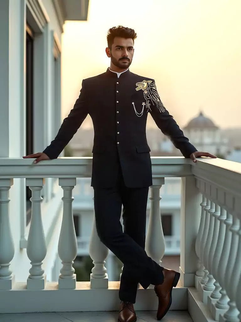 Image of Trendy Lion RRR Style Black Polynosic Cutdana Bandhgala Suit - South India Shopping Mall