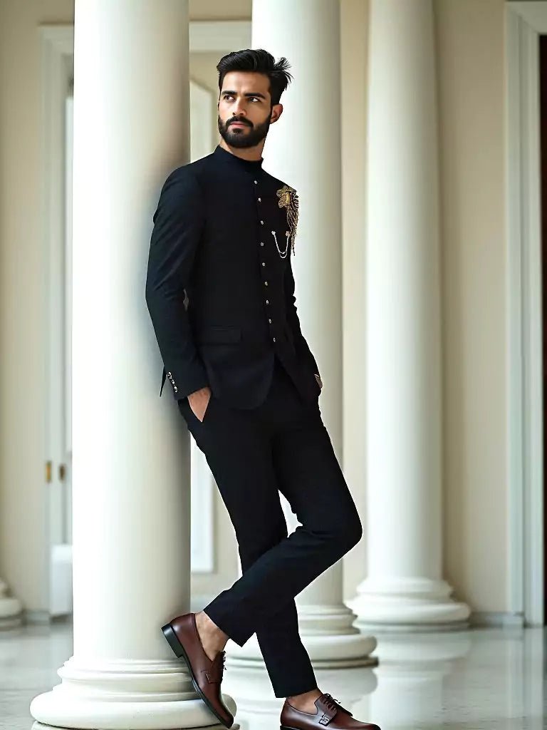 Image of Trendy Lion RRR Style Black Polynosic Cutdana Bandhgala Suit - South India Shopping Mall